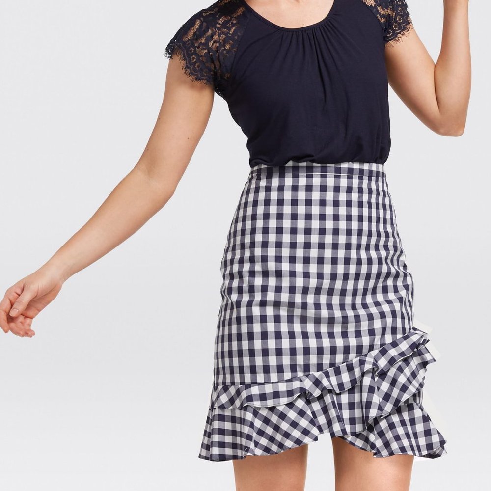 Draper James Dolly Check Flutter Skirt- Navy